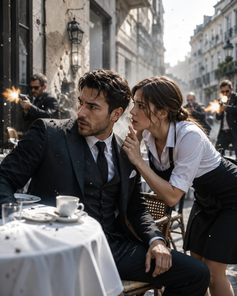 Gunfire erupted around the Mafia Boss just as betrayal closed in — cornered and seconds from death, he froze when the shy waitress leaned close and whispered, “Keep still”… because what she saw behind him changed everything.