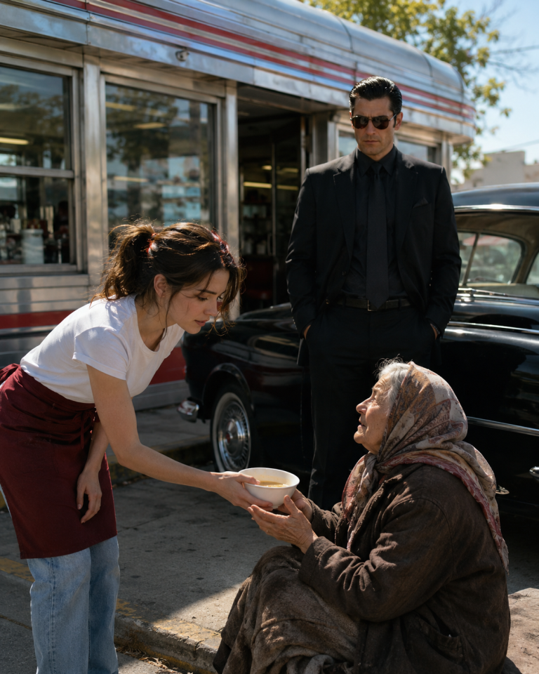 Closing Broke and Defeated, She Fed a Shivering Old Woman—By Morning, Armed Men and a Mafia Boss Surrounded Her Diner.