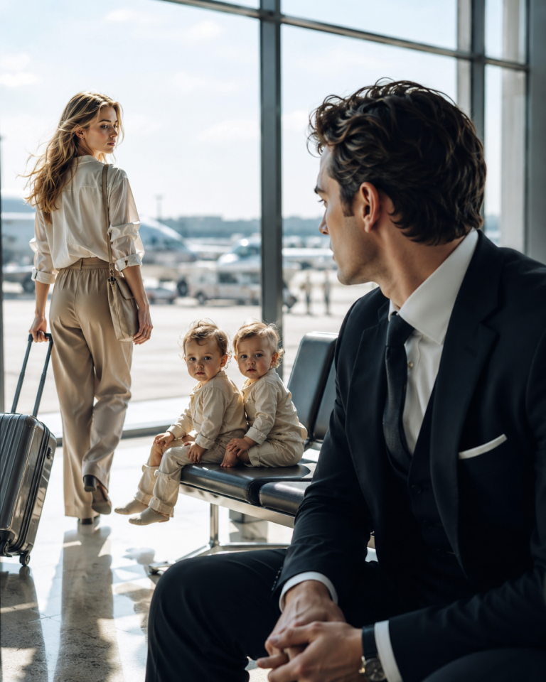 At the airport’s busiest gate, she smiled and said, “Relax, they’re not mine” — but when she abandoned the crying twins and vanished onto a one-way flight, the billionaire mafia boss watching from the shadows noticed one detail that changed everything…