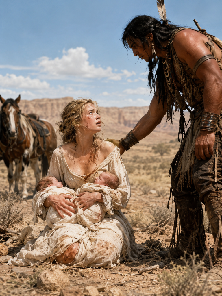 Left to die with newborn twins in the Badlands, she had already whispered goodbye—until a Sioux warrior stepped from the dust and said, “Not while I breathe.”