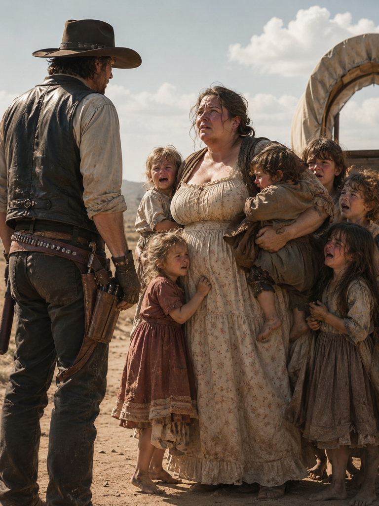 At the edge of a dust storm, a plus-size widow dragged seven crying children down a road no one dared travel — until a silent cowboy stepped from the dark and said, “Come with me now,” before anyone saw what was following them.