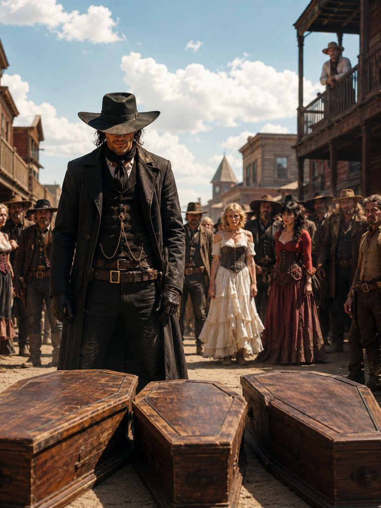 When Dodge City’s deadliest thugs surrounded a helpless widow, the nameless gunslinger had no badge, no backup, and no way out—until he handed the undertaker three coins and said, “Prepare three coffins.”