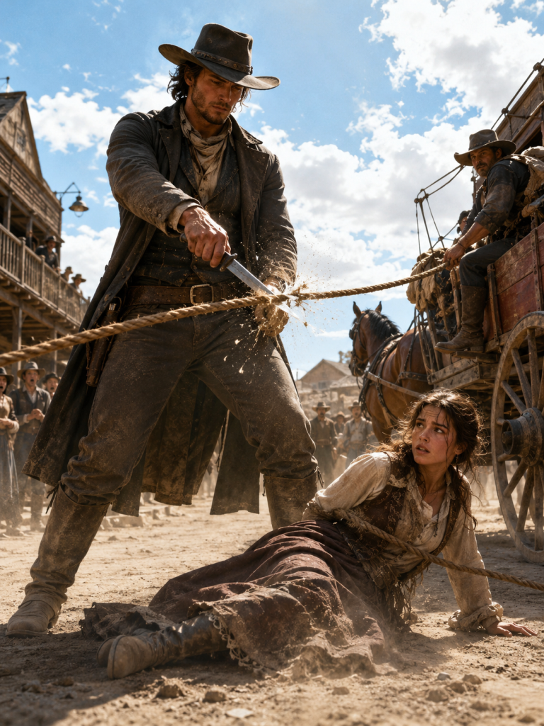 At her worst moment, she was dragged through the dusty town by a wagon rope, too weak to even scream—until the crowd suddenly fell silent when a giant cowboy stepped into the street, drew his knife, and cut the line.