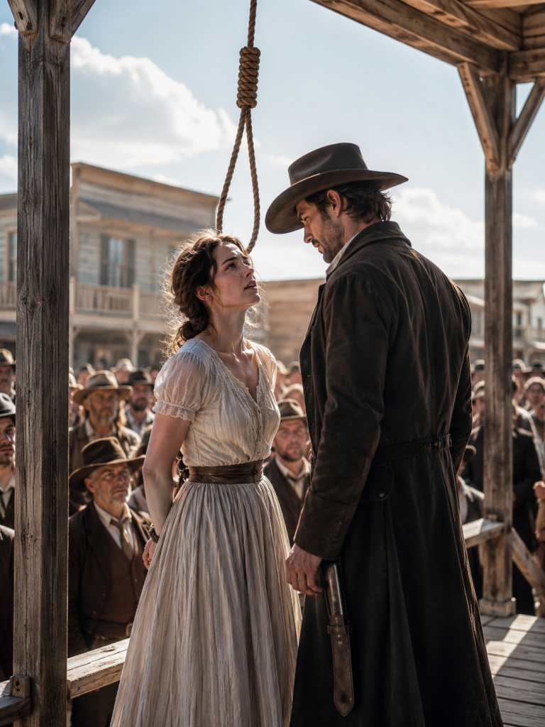 With the noose already hanging above her, she whispered, “They’ll hang me.” Then the cowboy saw the sheriff’s bloody badge—and his reply made the entire town forget how to breathe.