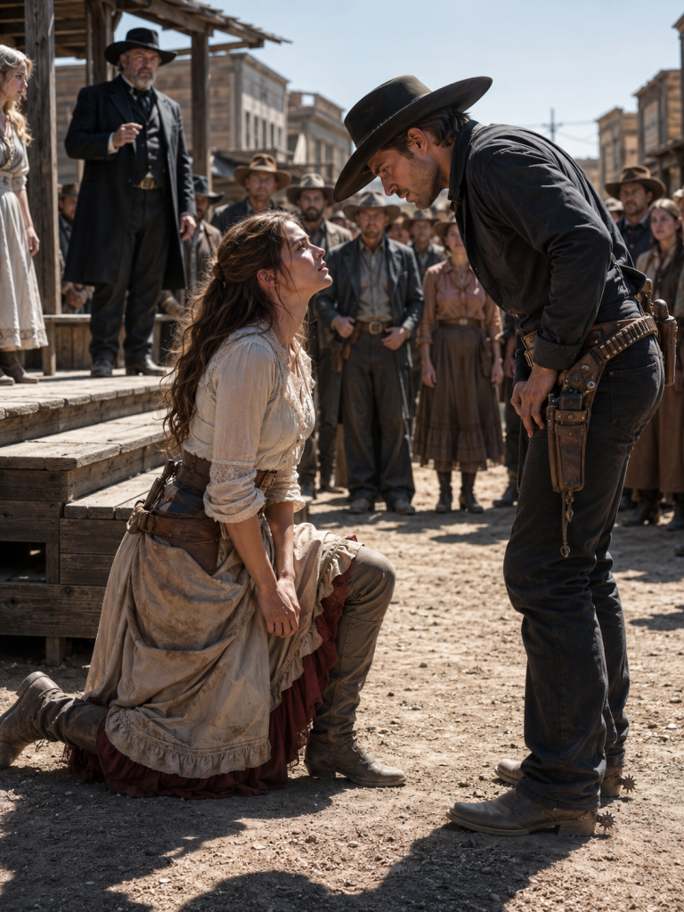 At the town’s cruelest auction, a desperate woman dropped to one knee before the cowboy everyone feared — but when he leaned close and answered, the whole street went silent.