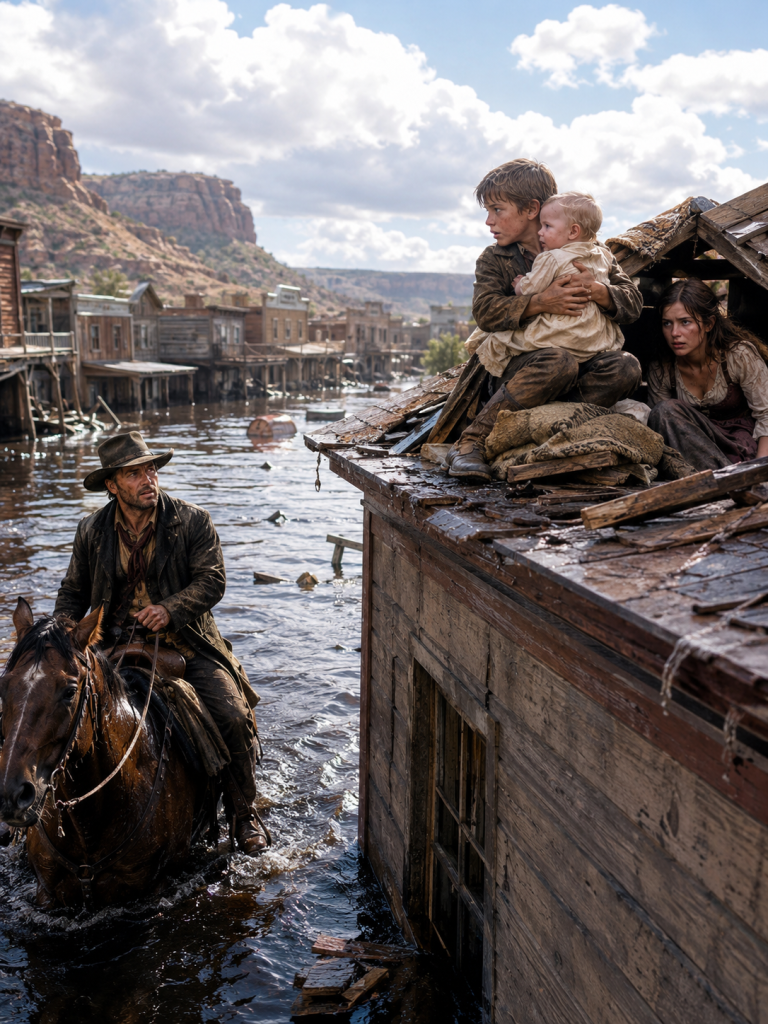 The flood had already swallowed the town when a little boy climbed onto a roof, clutching his baby sister like his last breath — then a lone cowboy rode into the black water and saw what the boy was hiding.