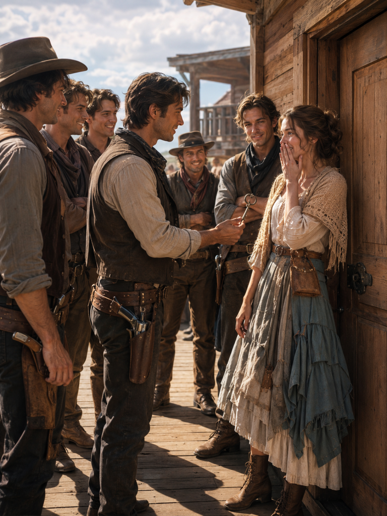 At the lowest night of her life, she begged only for a corner of straw to sleep on — but when the town turned its back, six cowboy brothers locked a room from the inside and placed the key in her trembling hand.
