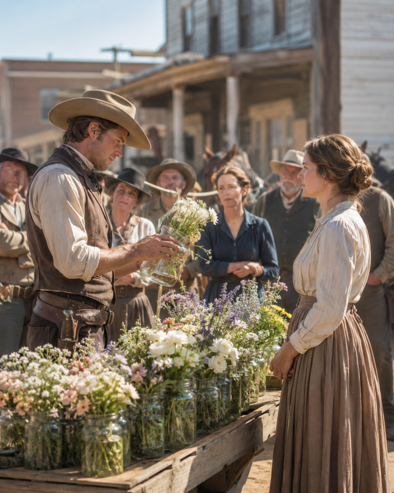 The Whole Town Laughed at the Widow Selling Flowers in the Rain — Then a Silent Cowboy Bought Every Jar and Asked, “Who Made You Beg?”