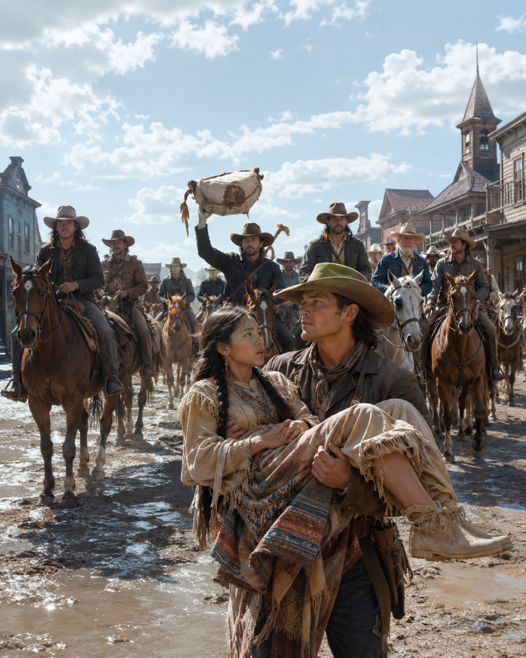 The Flood Was Rising Fast—But When the Cowboy Pulled the Apache Chief’s Daughter Up the Ridge, Seventeen Riders Entered Town Carrying the Proof Everyone Had Tried to Bury