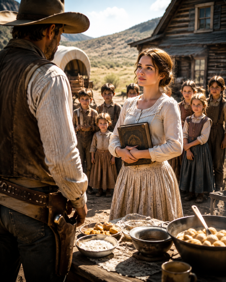 The Cowboy Needed a Wife Before His Seven Children Went Hungry — But the Tiny Widow Arrived With a Recipe Book That Exposed a Fortune Hidden in His Kitchen