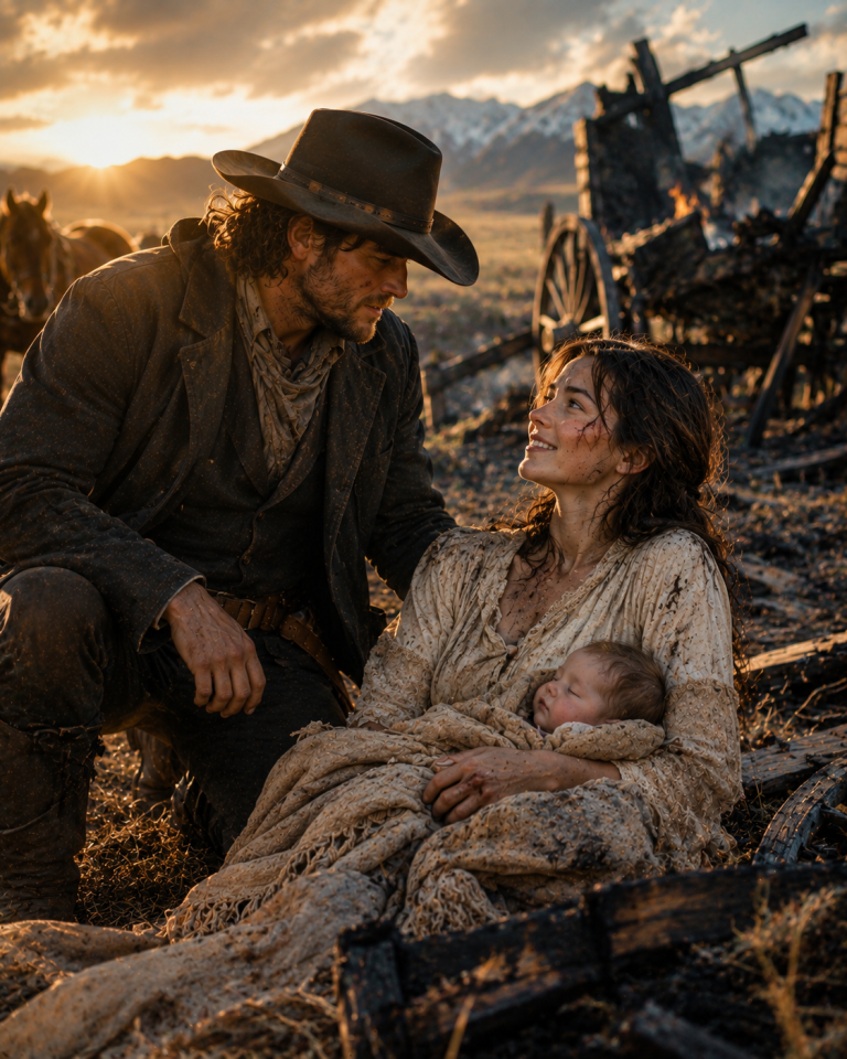 A Cowboy Rescued a Mother and Her Baby From a Burned Wagon — Then One Tiny Smile Gave Him a Family He Never Expected