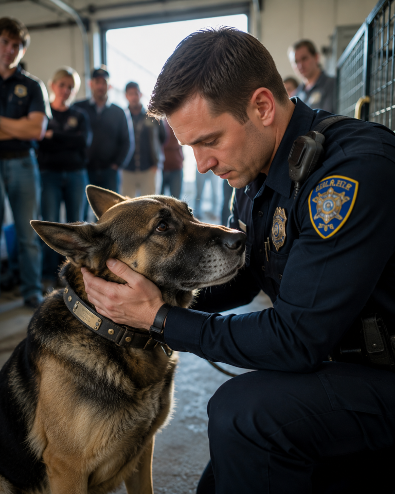 Everyone Walked Past the Retired Police Dog — Then One Officer Read the Words on His Collar and Froze