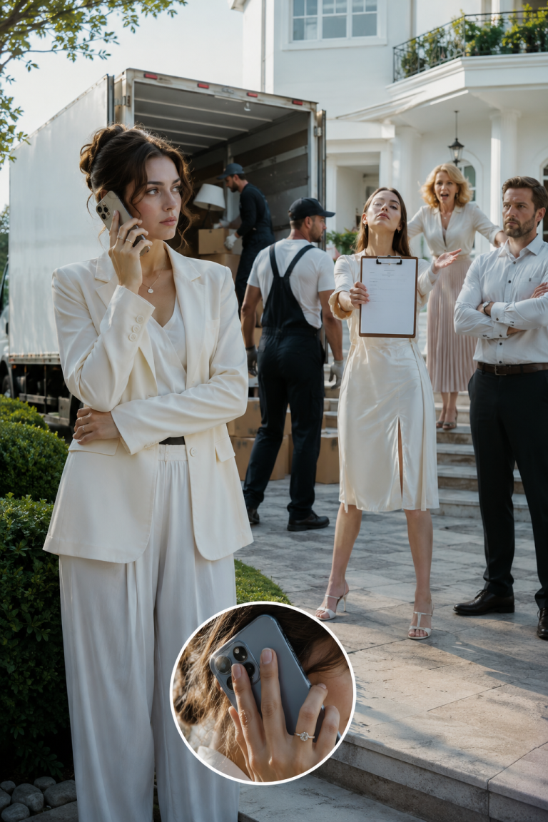 My husband’s mistress arrived at my front porch with two moving trucks and a forged court order — and the deputy who read it said five words that changed everything